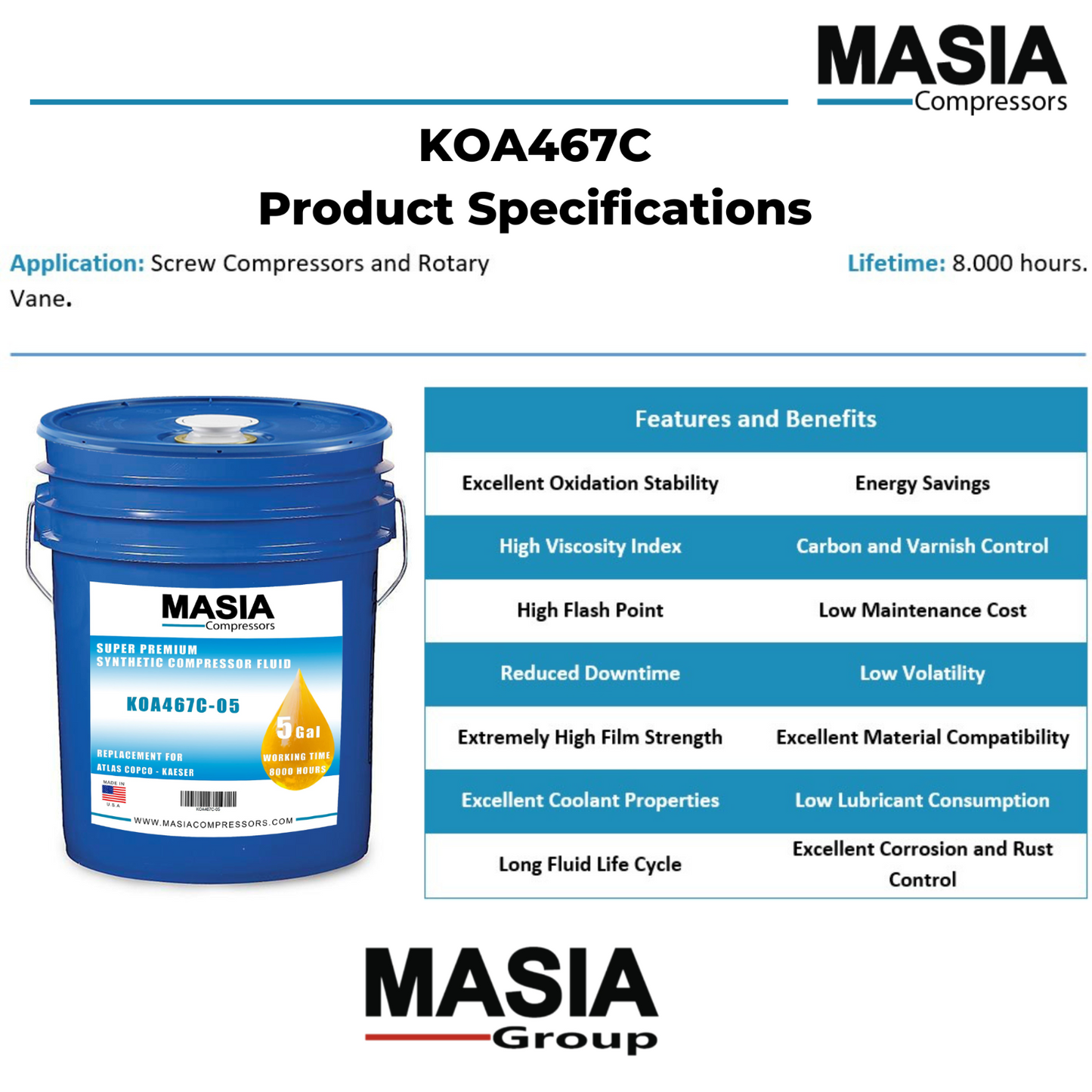 Lubricante para compresores Masia KOA467C-06/Base sintética PAO, 8000 horas de vida útil