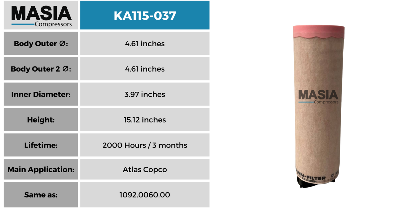 1092-0060-00 Atlas Copco Air Filter - Made In Usa - 2000 Working Hours